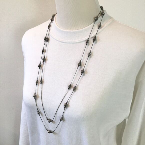 Beaded Necklace 34 inch Double Layer Triangle Chain Dark Gray Silver Tone - Picture 3 of 11